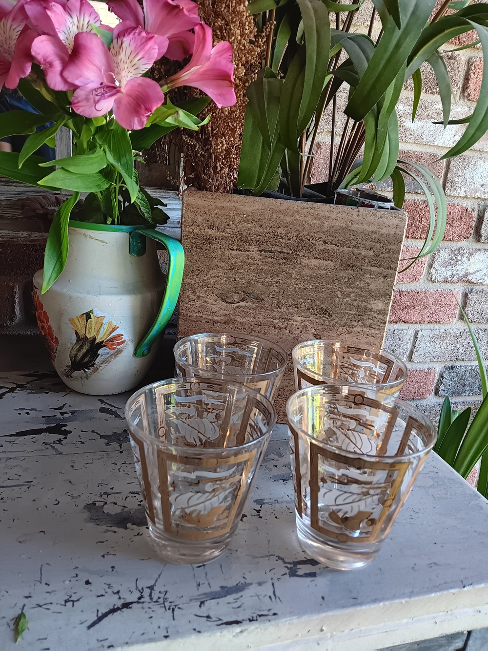 Vintage MCM Lowball Fred Press 22kt Gold Leaf Signed Rare Size Glasses Set of 4